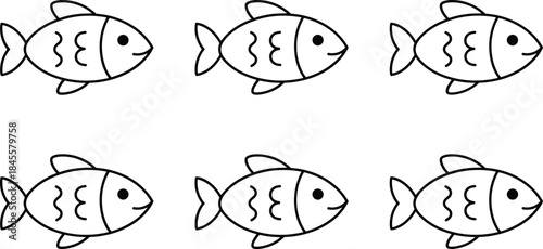 Horizontal vector banner featuring a repetitive pattern of six stylized simple fish illustrations, emphasizing concepts of marine ecosystem, seafood harvest, conservation,