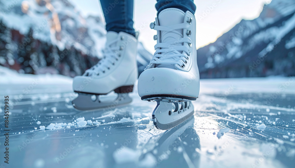 Fototapeta premium Elegant white ice skates gliding across frozen lake, blades carving smooth ice, snowy mountains