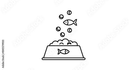 Line drawing of a fish bowl showing a single fish inside a round container with bubbles floating above in a simple playful illustration.