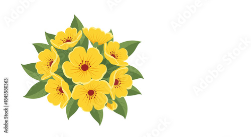 Vivid bouquet of yellow flowers with lush green leaves is arranged in a simple natural layout that radiates warmth cheerfulness fresh outdoor garden beauty.