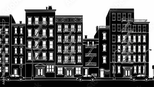 Black and White Cityscape with Apartment Buildings and Fire Escapes.
