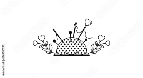 Delicate pincushion with pins and needles piercing from a dotted dome framed by curling leaves and small heart shapes celebrating handmade sewing charm.