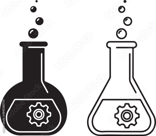 Chemistry Flasks with Gear and Bubbles Icons science
