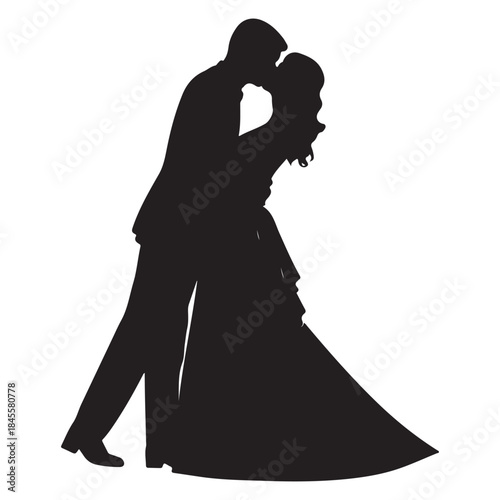  Romantic silhouette of a bride and groom embracing in a passionate kiss silhouette