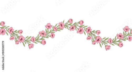 Pink blossoms form a delicate garland with green stems curling across a white background in a decorative pattern suitable for spring decor.