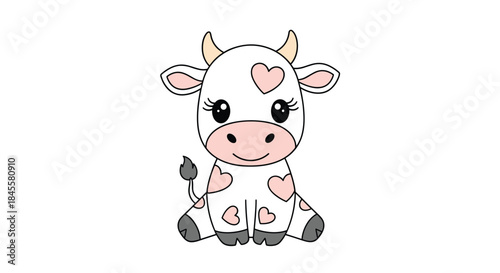 Charming cartoon cow sits with heart shapes on its body and a friendly smile in a pastel farm illustration ideal for children's books and home decor.
