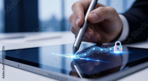 Businessman hand signing digital contract on tablet with secure lock hologram, electronic signature authentication technology concept and legal business document encryption verification.