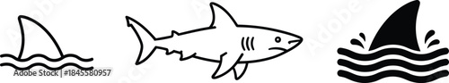 Vector illustration set featuring three shark designs: a simple full body outline, a dorsal fin silhouette in waves, and a line-art fin cutting through the water,