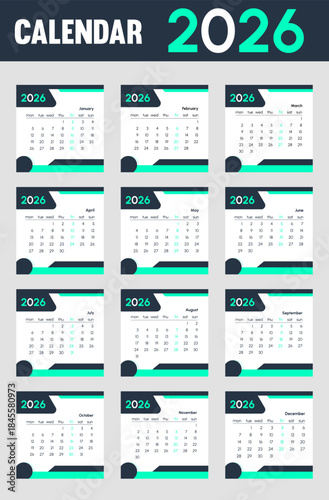 Modern 2026 calendar with minimalist design and green accents
