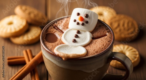 Cozy winter scene of cocoa with a marshmallow snowman, cookies, and cinnamon sticks
