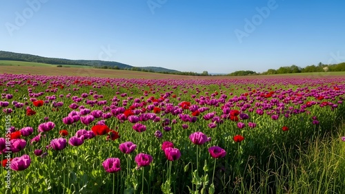 Wallpaper Mural Vibrant pink and red poppy field under a clear blue sky Torontodigital.ca