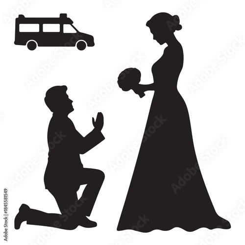  Groom proposing to bride with ambulance in background silhouette