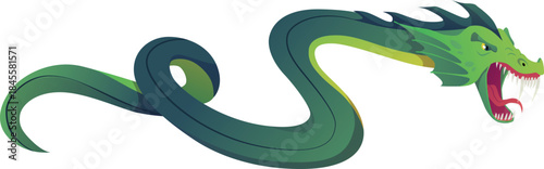 Mythical underwater monster, dragon snake with open mouth and fangs, green color, writhing body.