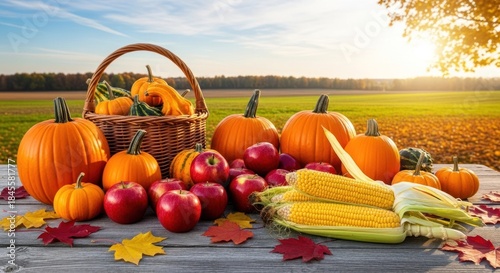 Harvest still life pumpkins, gourds, apples, and corn on a rustic table outdoors