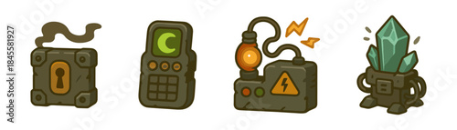 Postapocalyptic gadgets cartoon icons set, locked box detonator energy crystal