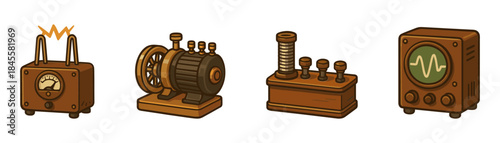 Steampunk electricity machines cartoon icons set, antique generators wooden consoles