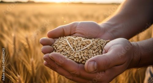 Open hands cradle golden grains with a heart, set against a sunlit wheat field