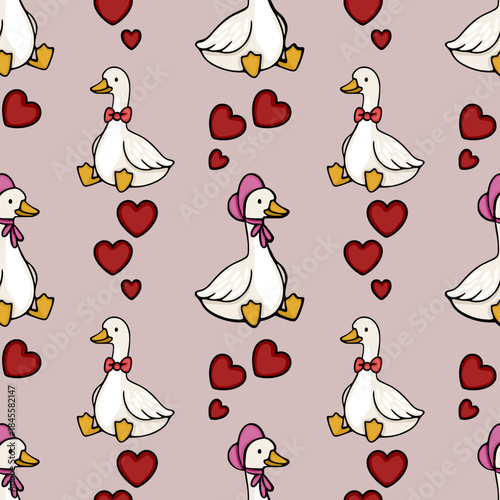 Seamless vector pattern of cute cartoon geese and red hearts on a pastel pink background.