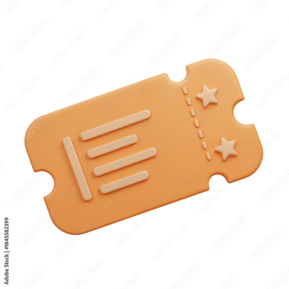 Fototapeta premium Orange perforated ticket with embossed lines and star shapes on a for events or admission transparent background
