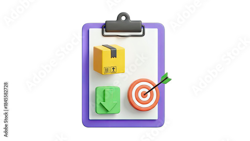 Clipboard with Box, Arrow, and Download Symbol - Business Concept
