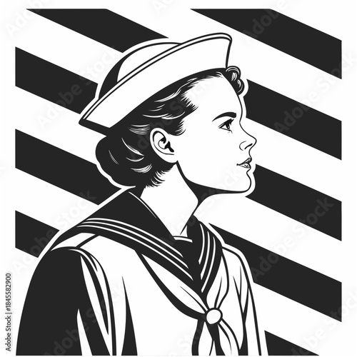 "Vintage sailor woman portrait vector illustration with patriotic stripes, retro navy uniform military female character for patriotic Americana design"

