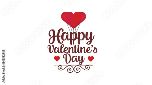 Elegant red cursive happy valentine's day text with heart balloons on white background