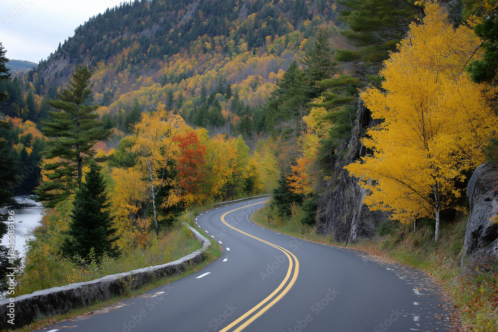 Fototapeta premium A captivating autumn road, adorned with colorful foliage, elegantly curves alongside a tranquil water edge, representing the scenic beauty of seasonal change and exploration.