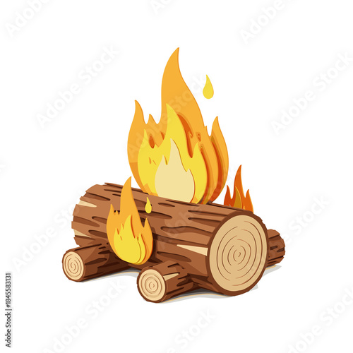 Log campfire with flames burning in a cartoon style  