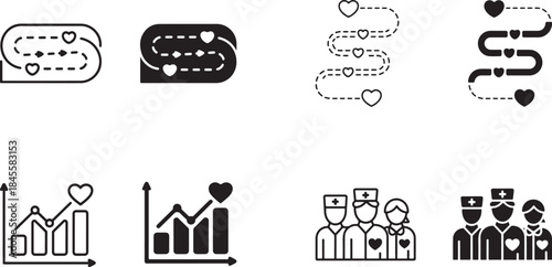 Healthcare and wellness icon set showing heart paths health data graphs and medical team symbols for digital design and medical concepts