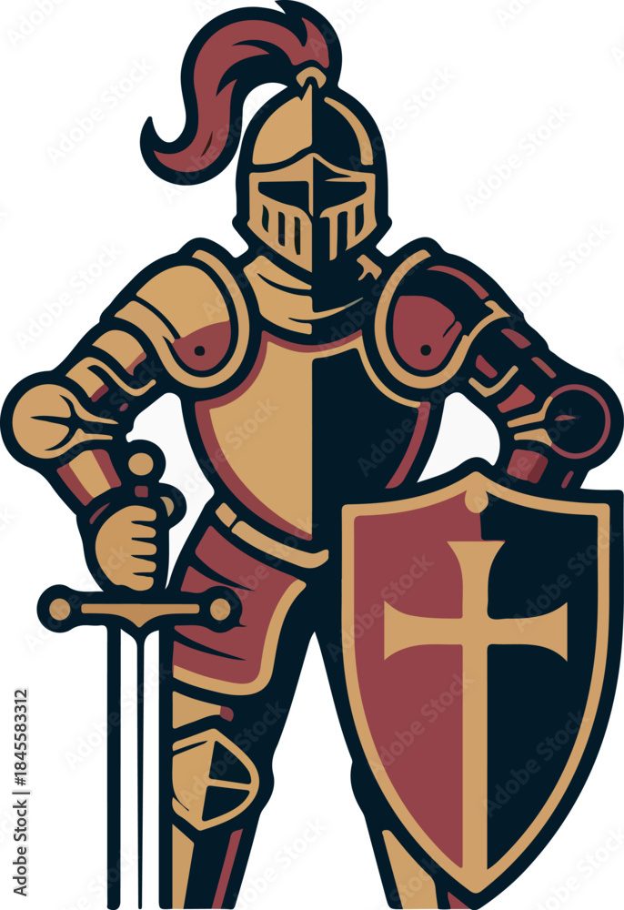 Obraz premium Medieval knight warrior illustration with sword and shield cartoon vector