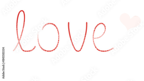 Flat love themed illustration featuring wide red love text with heart on white