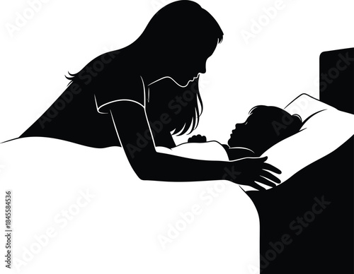 Silhouette of woman kissing sleeping man on the cheek gently