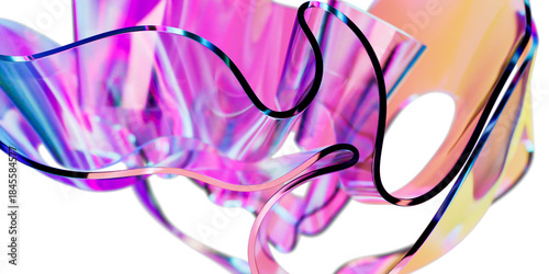 Elegant translucent iridescent glass curve sheets on transparent background, creating dynamic abstract composition. colorful gradient wave design element 3d rendering for innovative futuristic concept