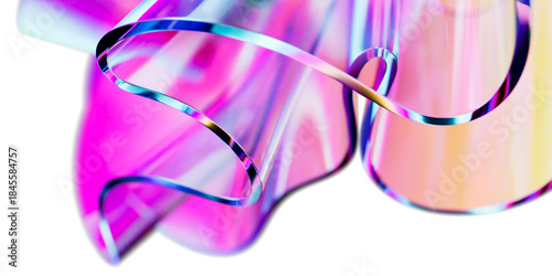 Elegant translucent iridescent glass curve sheets on transparent background, creating dynamic abstract composition. colorful gradient wave design element 3d rendering for innovative futuristic concept
