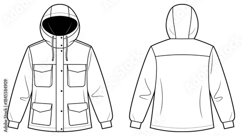 Hooded jacket flat sketch with button placket, chest flap pockets, side pockets, cuffed sleeves, yoke back detail, apparel design illustration, fashion vector, clothing template, modern outerwear conc