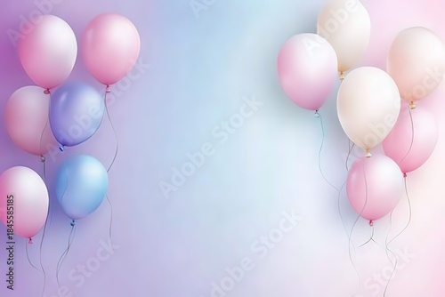 Soft pastel balloons floating on gradient background with copy space. Light and joyful atmosphere, for celebration, birthday, party, holiday designs. For greeting cards, invitations, festive posters
