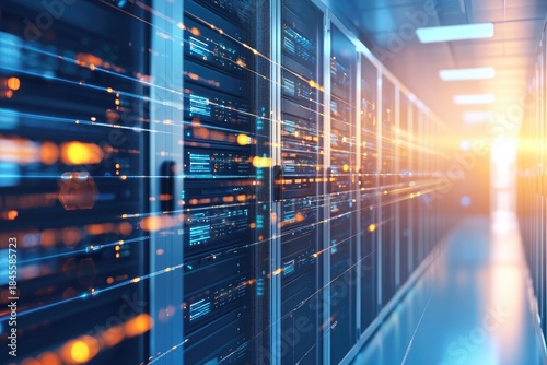 High speed data transfer inside modern data center server corridor with glowing motion trails for IT infrastructure, secure enterprise computing, scalable storage, and advanced digital technology
