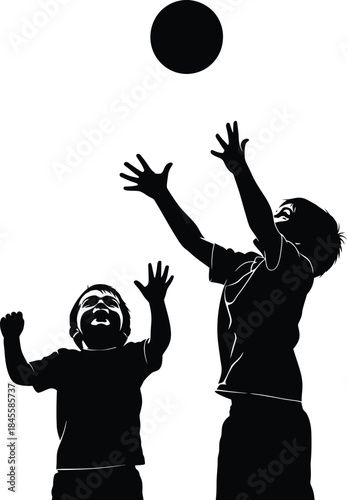 Two players reaching for a ball in silhouette