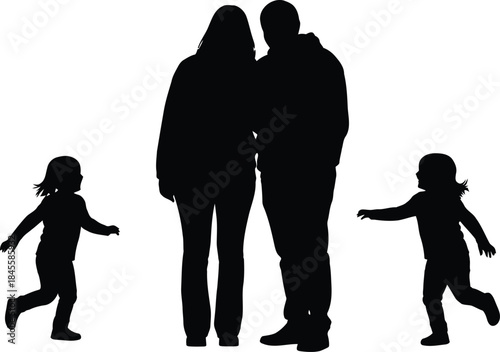 Silhouette of a happy family with two children