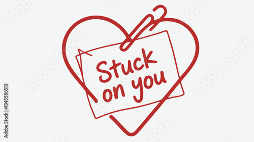 Minimalist line illustration of a heart shaped sticky note with stuck on you text