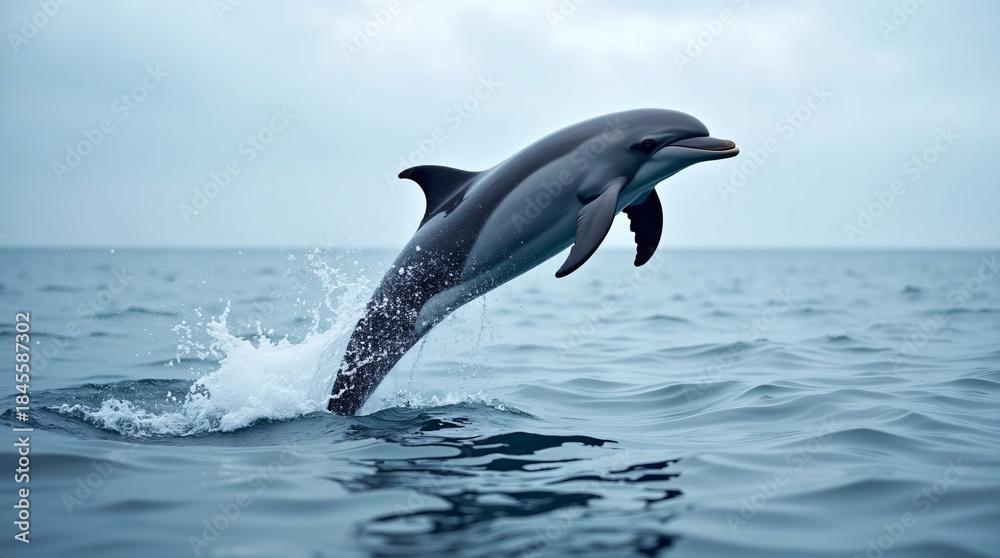 Fototapeta premium A dark gray-and-white dolphin leaps out of calm blue ocean waters, creating a splash. The overcast, light-blue sky forms the background. Represents a dynamic marine scene.