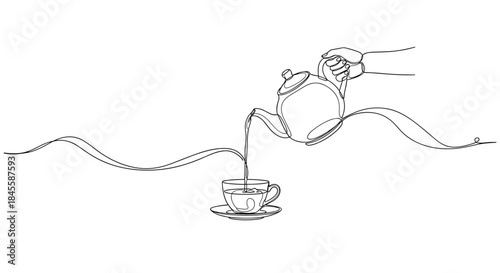 A continuous line drawing shows a hand elegantly pouring hot tea from a teapot into a cup, with the single line forming a graceful ribbon.