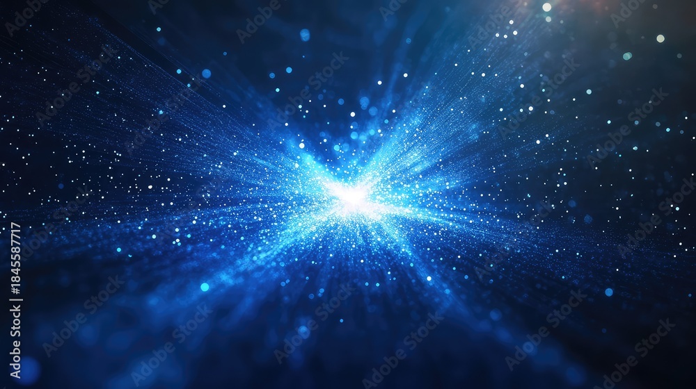 Obraz premium Bright blue light burst radiating glowing particles, forming an abstract background representing concepts of energy, connection, technology, and futuristic innovation
