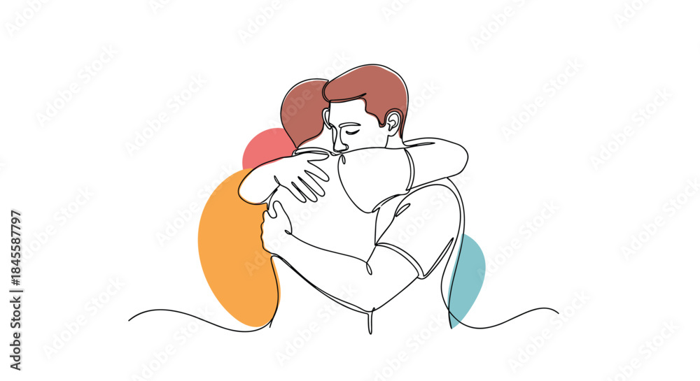 Obraz premium A continuous line drawing of a couple embracing in a warm hug, with abstract colorful shapes in the background symbolizing deep emotion.