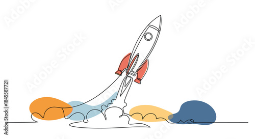 A single continuous line drawing of a rocket launching into space, combined with colorful abstract shapes to symbolize a successful business startup.