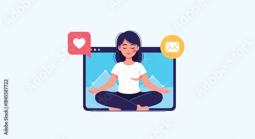 A woman practices digital detox and mindfulness by meditating in front of a laptop screen, calmly ignoring social media notifications.