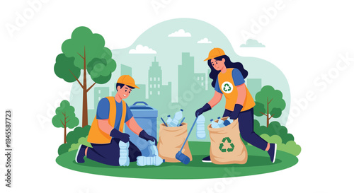 Two young volunteers, a man and a woman, work together to clean a city park by collecting plastic waste into recycling bags.