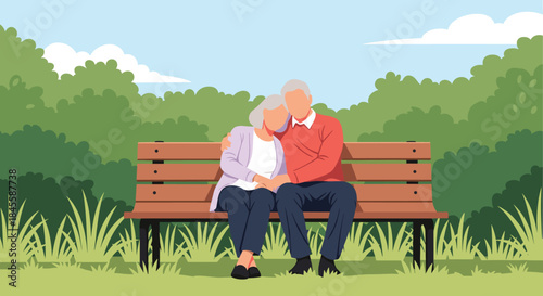 An elderly couple sits lovingly on a park bench, embracing each other in a peaceful and serene natural setting with lush green trees.