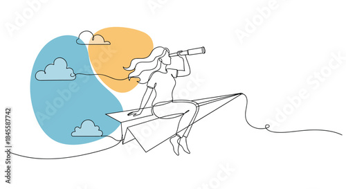 A single continuous line drawing of a woman flying on a paper airplane and looking through a telescope, symbolizing vision and goals.