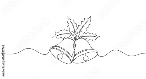 A continuous single line drawing of two Christmas bells decorated with a sprig of holly, creating a classic and elegant holiday design.